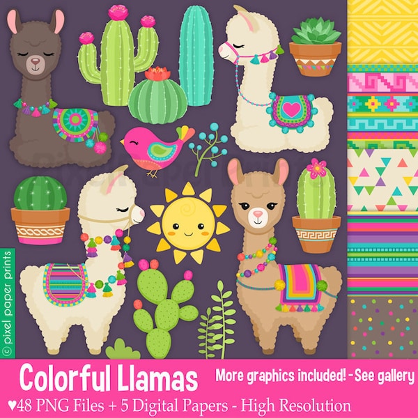 Llama Clip Art - Colorful Llamas - Decorated Llama - clipart - Alpaca Clip Art - Digital download - PNG Files