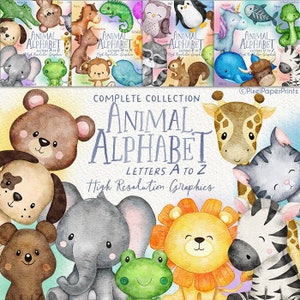 Watercolor Animal Alphabet - LETTERS A TO Z  Animals - Clipart and Digital Paper Set - Cute ABC Clip Art - Digital Download
