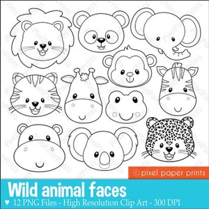 Animal Faces Digital Stamps - Animal Heads - Line Art - Printable - Create worksheets, cards, coloring pages and more - Instant Download