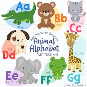 Animal Alphabet - LETTERS A TO G - Clipart and Digital Paper Set - Cute ABC Clip Art - Digital Download