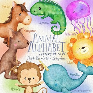 Watercolor Animal Alphabet - LETTERS H TO N - Clipart and Digital Paper Set - Cute ABC Clip Art - Digital Download