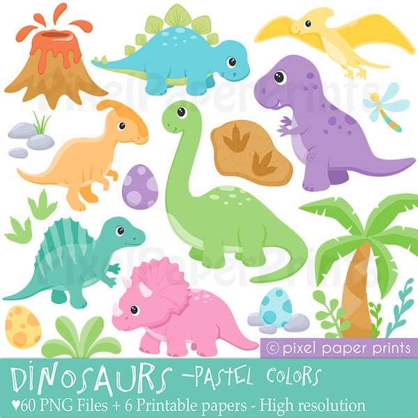 Baby Dinosaurs Clip Art Pastel Colors - Clipart and Digital paper set - Dinosaur Clip art - Digital download