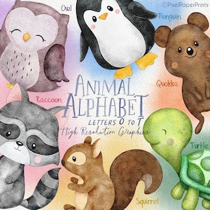 Watercolor Animal Alphabet - LETTERS O TO T - Clipart and Digital Paper Set - Cute ABC Clip Art - Digital Download