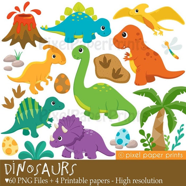 Dinosaur clipart - DINOSAURS - Clipart and Digital Paper Set - Cute Dinosaur Clip Art - Digital Download - Printable