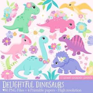 Delightful Dinosaurs Dinosaurs for Girls Clip Art and Digital Paper Set Dino Girls Digital Download Cute dinosaur graphics image 1