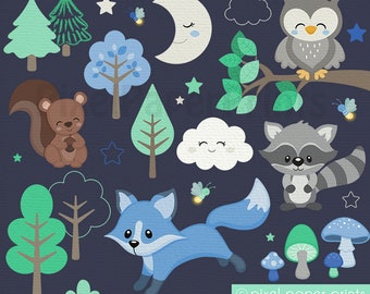 Woodland Animals Clip art - Midnight forest - Cute animals - clipart - Forest Clip Art - Digital Stickers - Owl - Fox - Squirrel - Raccoon
