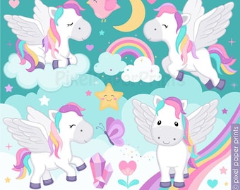 Playful Pegasus Clipart Set - Cute PNG Images for Invites, Party Decor, Crafts, Scrapbooking, Sublimation Designs, PNG graphics