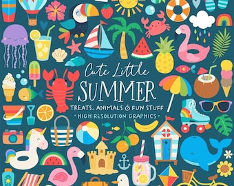 Summer Clipart. Hand Drawn Beach, Vacation, Holiday Clip Art. Doodle Ice Cream, Palm Leaf, Sunscreen, Pool, Watermelon, Sea Illustrations.