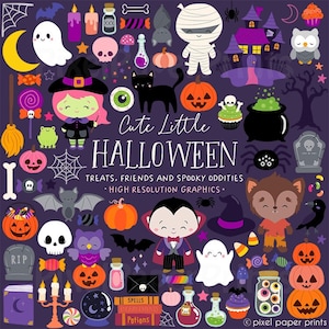 Halloween Clip Art - Cute Little Halloween - Halloween Bundle - Witch, Vampire, Mummy, Werewolf - PNG - Digital Download - Over 250 graphics