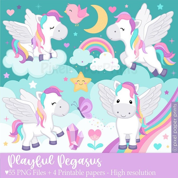 Playful Pegasus Clipart Set - Cute PNG Images for Invites, Party Decor, Crafts, Scrapbooking, Sublimation Designs, PNG graphics