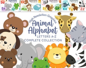 Animal Alphabet - Complete collection LETTERS A TO Z - Clipart and Digital Paper Set - Cute ABC Clip Art - Digital Download