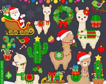 Christmas Llamas - Decorated Llama - clipart - Christmas Alpaca Clip Art - Digital Download