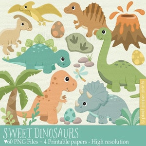 Sweet Dinosaurs clipart - DINOSAURS neutral colors - Clipart and Digital Paper Set - Baby Dinosaur Clip Art - Digital Download