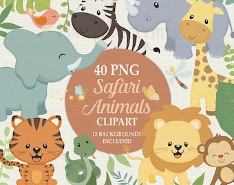 Safari Jungle Animals Clipart PNG, Hand Illustrated Baby Shower & Nursery Decor, 40 PNG + Backgrounds
