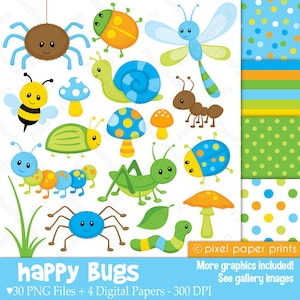 Happy Bugs - Clipart and Digital Paper Set - Insect clip art - Neutral Colors - Digital Download - Digital stickers