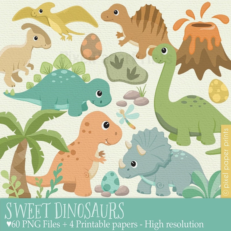 May include: A set of colorful cartoon dinosaur illustrations, including a green dinosaur, a blue dinosaur, an orange dinosaur, a brown dinosaur, a gray dinosaur, a yellow dinosaur, a palm tree, a volcano, and dinosaur footprints. The text "SWEET DINOSAURS" is at the bottom of the image.