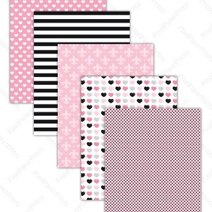 May include: Set of five digital paper prints featuring pink and black patterns. The patterns include hearts, stripes, fleur-de-lis, polka dots, and a combination of hearts and polka dots.