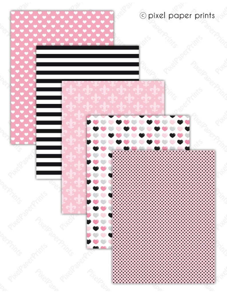 May include: Set of five digital paper prints featuring pink and black patterns. The patterns include hearts, stripes, fleur-de-lis, polka dots, and a combination of hearts and polka dots.