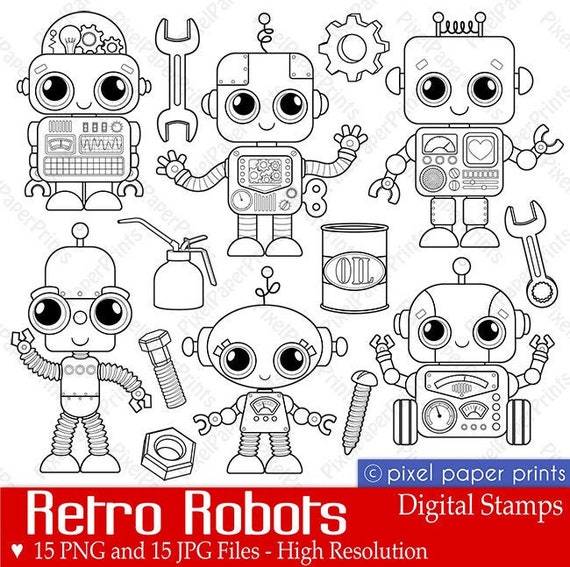 Robots - Digital Stamps - Digital clipart Il_570xn