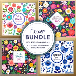 Flower Clipart Bundle - Floral Clip art and Printable Papers - Digital - Instant download - Colorful Flowers - Digital stickers