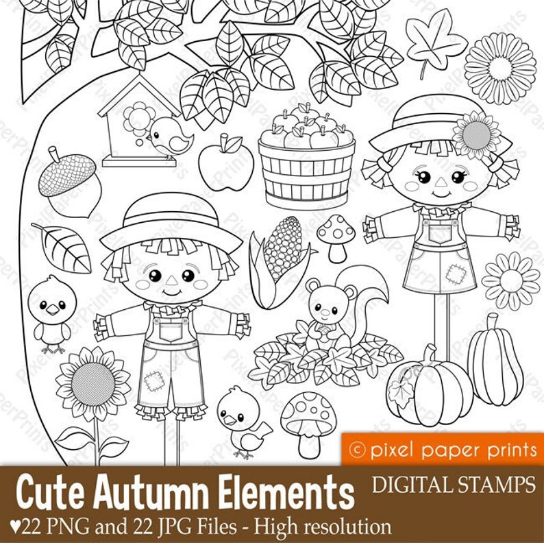 Fall Clip Art Cute Autumn Elements Digital stamps to create coloring pages, worksheets, scrapbook, cards, crafts and more image 1