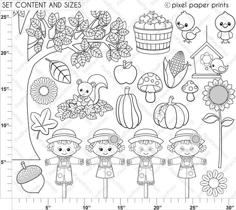 Fall Clip Art Cute Autumn Elements Digital stamps to create coloring pages, worksheets, scrapbook, cards, crafts and more image 2