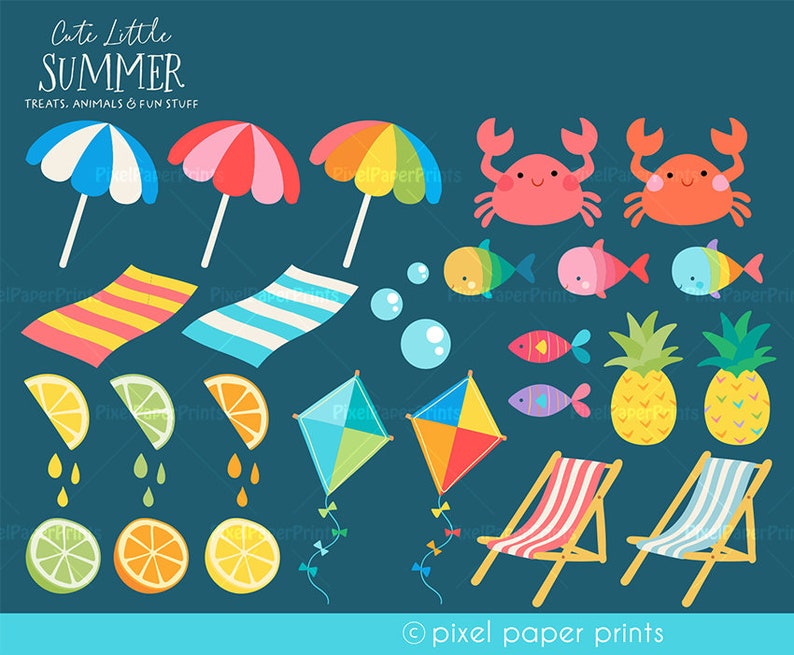 May include: A set of colorful summer themed clipart illustrations including beach umbrellas, lounge chairs, pineapples, fish, crabs, kites, and lemons. The text "Cute Little Summer Treats, Animals & Fun Stuff" is at the top of the image.