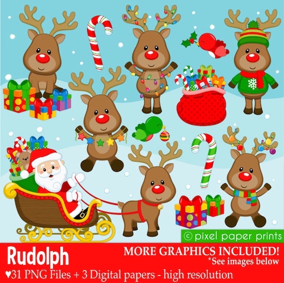 Rudolph the Red Nose Reindeer - Christmas clipart - Clip Art and Digital paper set Il_570xn