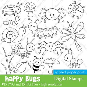 Happy Bugs Digital Stamps - Insects clipart - Line art graphics to create coloring pages, worksheets, crafts & more - PNG - Printable