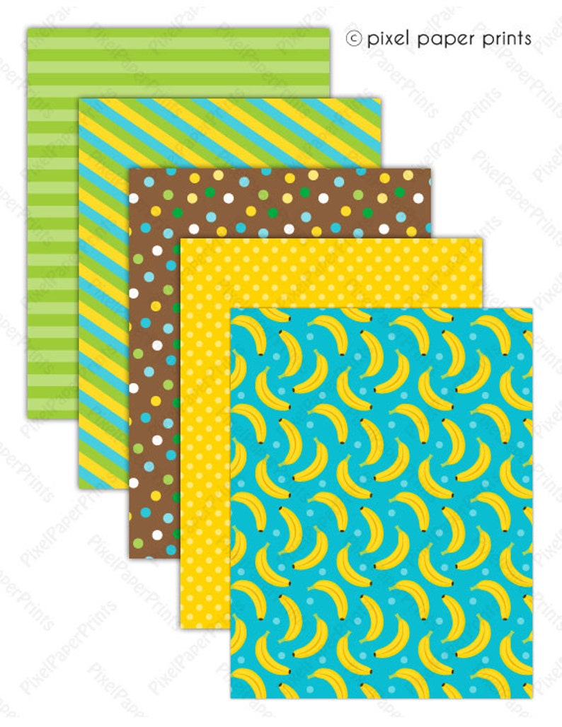 Pu&ograve; includere: Cinque design di carta digitale con diversi motivi. Il primo design &egrave; a strisce verdi e bianche. Il secondo design &egrave; a strisce gialle e blu. Il terzo design &egrave; marrone con pois bianchi e blu. Il quarto design &egrave; giallo con pois bianchi. Il quinto design &egrave; blu con banane gialle e pois bianchi. Il testo "pixel paper prints" &egrave; nell'angolo in alto a destra dell'immagine.