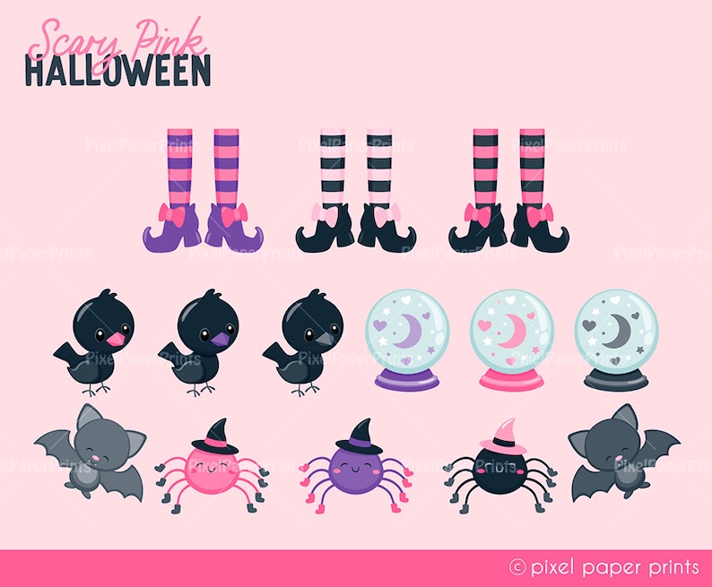 Puede incluir: Un conjunto de im&aacute;genes de clipart digital con un tema de Halloween rosa y espeluznante. Las im&aacute;genes incluyen piernas de bruja, p&aacute;jaros negros, bolas de cristal, murci&eacute;lagos y ara&ntilde;as.