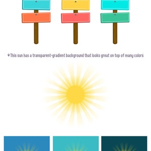 May include: A set of digital printable images featuring three wooden signs with text that reads "Paradise", "Tiki Bar", and "Luau Party". The signs are on a white background. The set also includes six images of a yellow sun with rays on different colored backgrounds.