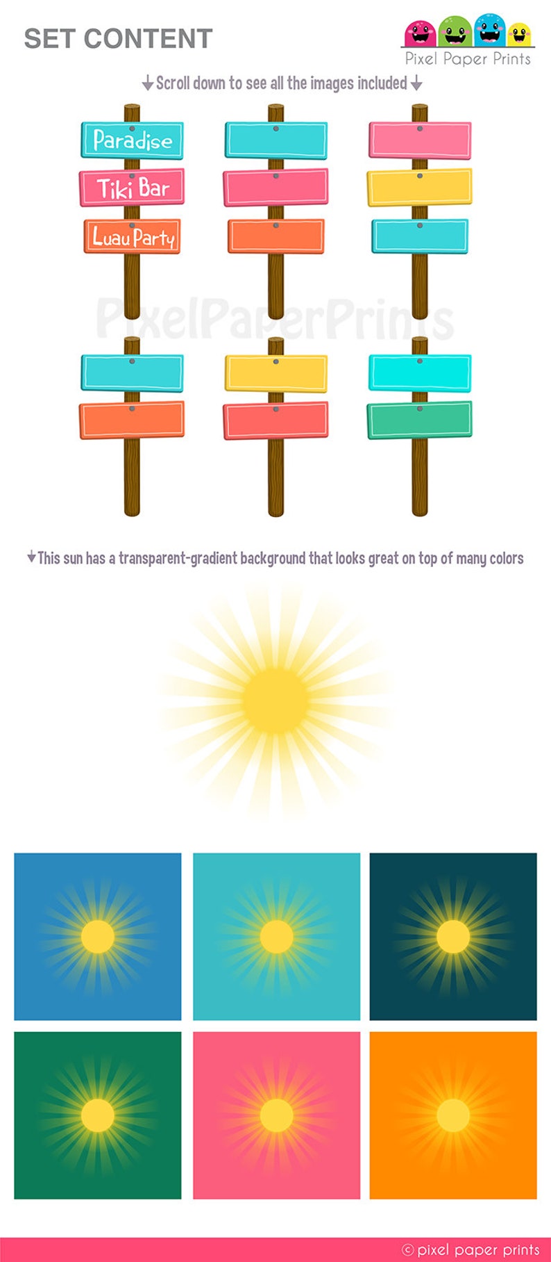 May include: A set of digital printable images featuring three wooden signs with text that reads "Paradise", "Tiki Bar", and "Luau Party". The signs are on a white background. The set also includes six images of a yellow sun with rays on different colored backgrounds.