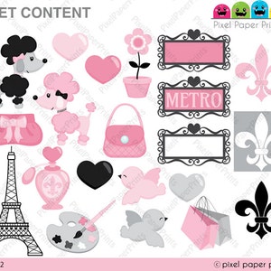 May include: A set of 16 digital clip art images in pink, black, and gray featuring Parisian themes. The images include a Eiffel Tower, a poodle, a purse, a bird, a paint palette, a shopping bag, a heart, a flower, and a fleur-de-lis.