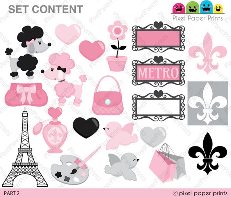 May include: A set of 16 digital clip art images in pink, black, and gray featuring Parisian themes. The images include a Eiffel Tower, a poodle, a purse, a bird, a paint palette, a shopping bag, a heart, a flower, and a fleur-de-lis.
