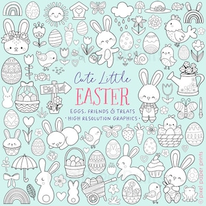 Easter Digital Stamps | Cute Little Easter Line Art | Black & White Clip Art for Coloring Pages, Worksheets, Cards, and Crafts and Design