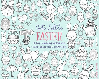 May include: A set of black and white line art illustrations featuring Easter-themed images, including bunnies, eggs, flowers, and a basket. The text "Cute Little Easter" is featured in the center of the image. The text "Eggs, Friends & Treats" and "High Resolution Graphics" are also included.