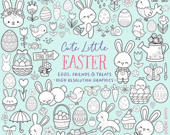 Easter Digital Stamps - Cute little Easter Clip art - Line Art - Use them to create coloring pages, worksheets, Easter cards, games, crafts