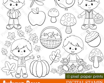 Autumn Boys - Digital stamps - Clipart - Fall - Line art