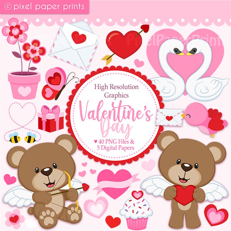 Valentine's Day Clip Art Cute Love Bear, Swans and Hearts Digital Download PNG Files Printable High Resolution image 1