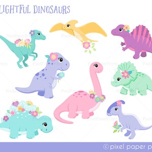 Delightful Dinosaurs Dinosaurs for Girls Clip Art and Digital Paper Set Dino Girls Digital Download Cute dinosaur graphics image 3