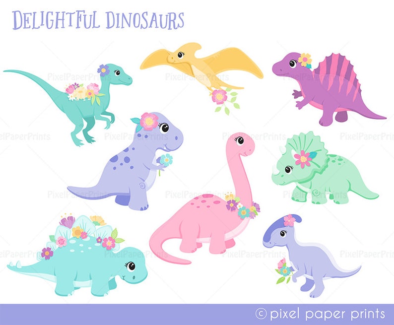 Delightful Dinosaurs Dinosaurs for Girls Clip Art and Digital Paper Set Dino Girls Digital Download Cute dinosaur graphics image 3