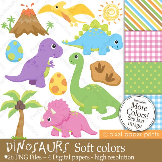 Dinosaurs SOFT COLORS - Clipart and Digital paper set - Baby Dinosaur Clip art - Digital download Il_570xn