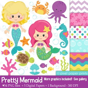 Cute Mermaid Clipart PNG – Watercolor Mermaids, seashells, ocean graphics, commercial use digital download -For crafts, sublimation and more