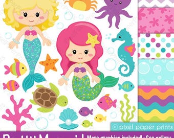 Cute Mermaid Clipart PNG – Watercolor Mermaids, seashells, ocean graphics, commercial use digital download -For crafts, sublimation and more