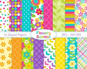 Flowery Summer - Digital paper set - Backgrounds - Digital Pattern - Printable pattern