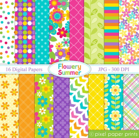 Flowery Summer - Digital paper set - Backgrounds - Digital Pattern - Printable pattern Il_570xn