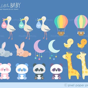 Puede incluir: Un conjunto de ilustraciones lindas con tem&aacute;tica de beb&eacute; que incluyen una cig&uuml;e&ntilde;a llevando un beb&eacute;, un conejito durmiendo, un oso panda, una jirafa, un globo aerost&aacute;tico y una luna creciente con estrellas. Las ilustraciones est&aacute;n en un estilo de dibujos animados y son perfectas para invitaciones de baby shower, tarjetas u otros proyectos relacionados con beb&eacute;s.