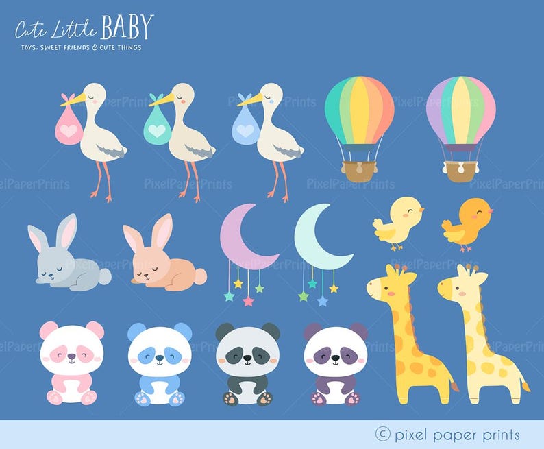 Puede incluir: Un conjunto de ilustraciones lindas con tem&aacute;tica de beb&eacute; que incluyen una cig&uuml;e&ntilde;a llevando un beb&eacute;, un conejito durmiendo, un oso panda, una jirafa, un globo aerost&aacute;tico y una luna creciente con estrellas. Las ilustraciones est&aacute;n en un estilo de dibujos animados y son perfectas para invitaciones de baby shower, tarjetas u otros proyectos relacionados con beb&eacute;s.