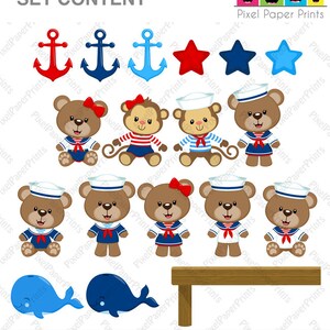 Puede incluir: Un conjunto de im&aacute;genes imprimibles para una fiesta de tem&aacute;tica n&aacute;utica. El conjunto incluye anclas, estrellas, monos, osos y ballenas en rojo, azul y blanco. El texto "SET CONTENT" y "PART 1" tambi&eacute;n est&aacute; incluido.